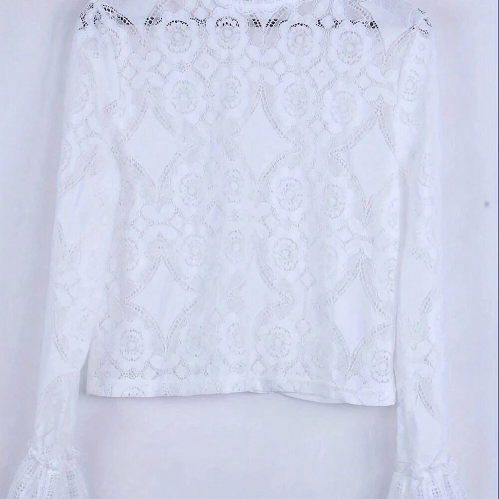 White Elegant Women's Stand Collar Patchwork Lace Long Sleeve Hollow Out Blouse - Picture 4 of 5